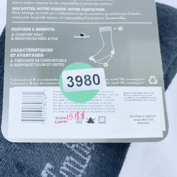 NEW Timberland Ribbed Novelty Crew Socks  Wool Blend Black Mens Size US 9-12 - Picture 3 of 4